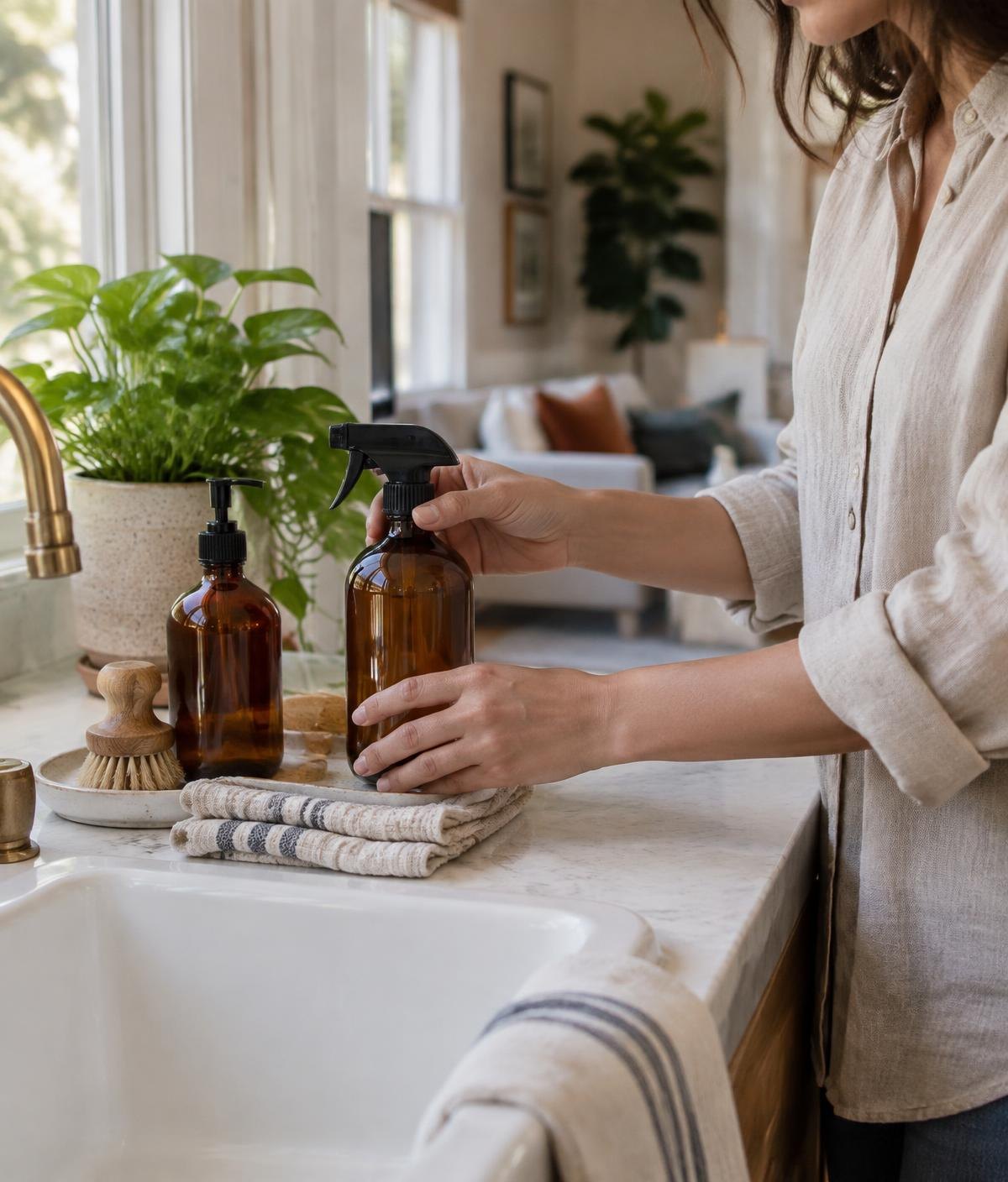Eco-conscious cleaning products prepared in a bright home